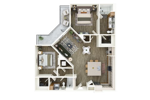 A top-down view of a house layout with a kitchen, living room, and two bedrooms.